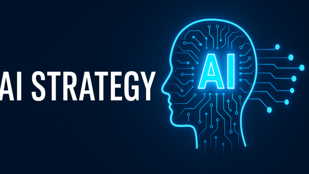 Graphic representation of a human head with AI circuitry and the text 'AI Strategy'.