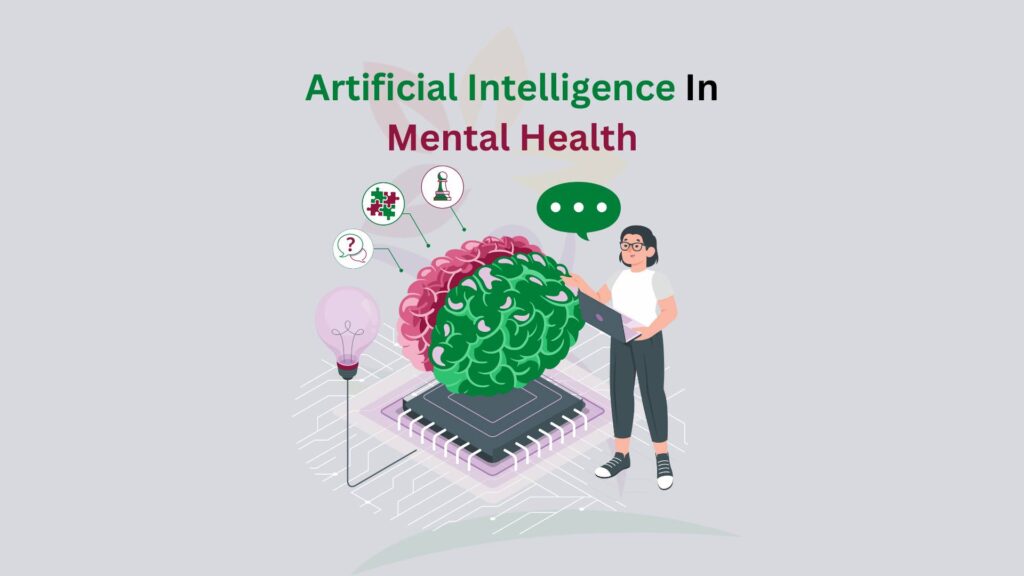 Illustration depicting artificial intelligence concepts in mental health with a brain and digital elements.