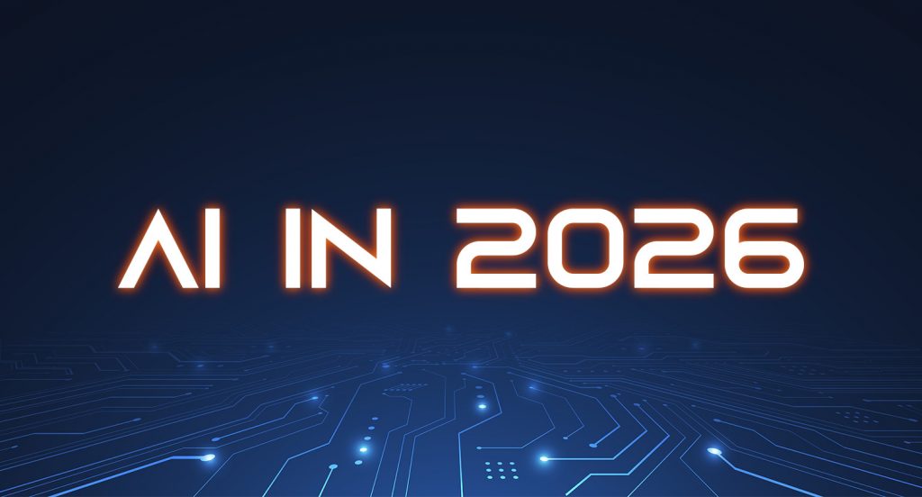 Graphic representation of the text 'AI in 2026' with a digital circuit background.